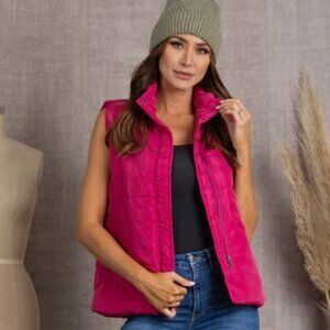 Down Collar Sleeveless Puffer Vest with Pockets